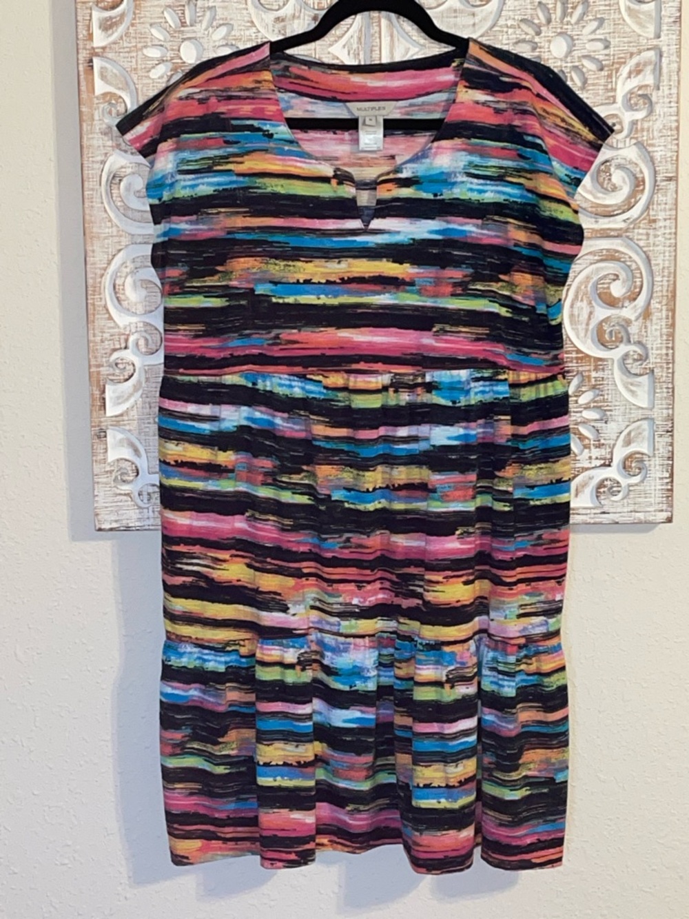 Multiples Black Striped Midi Dress with Multicolor Brushstrokes